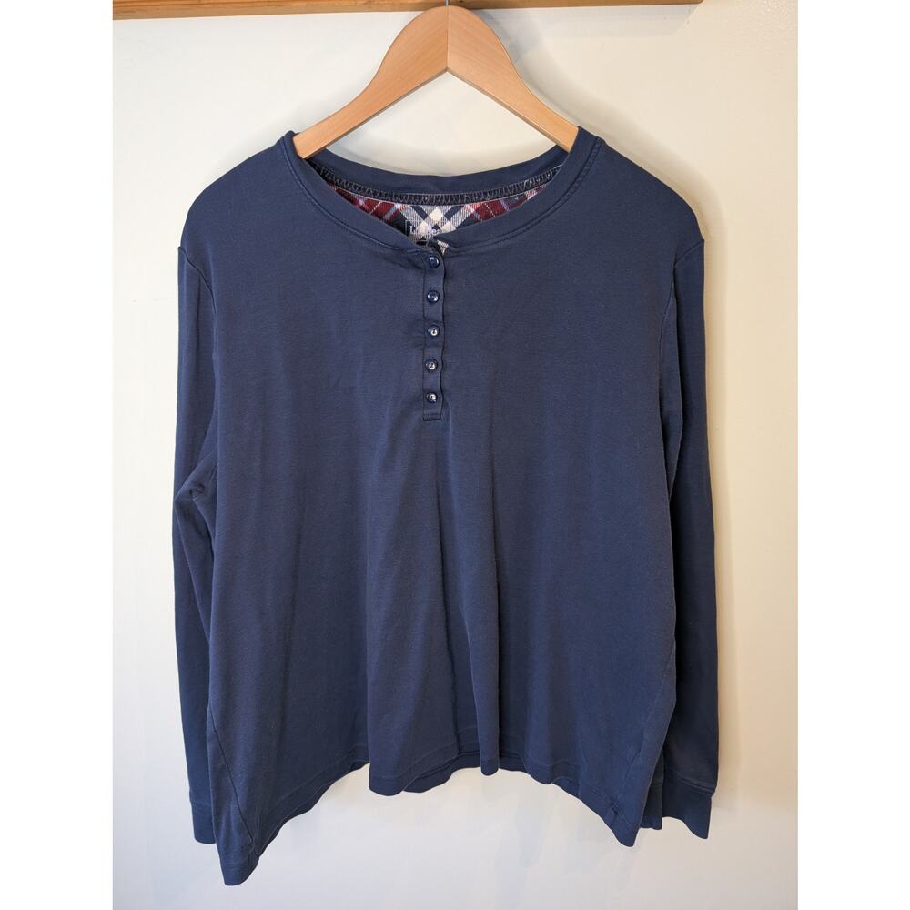 L.L.Bean Womens Navy Blue Flannel Lined Henley Sleep Shirt Pajama Top 2X